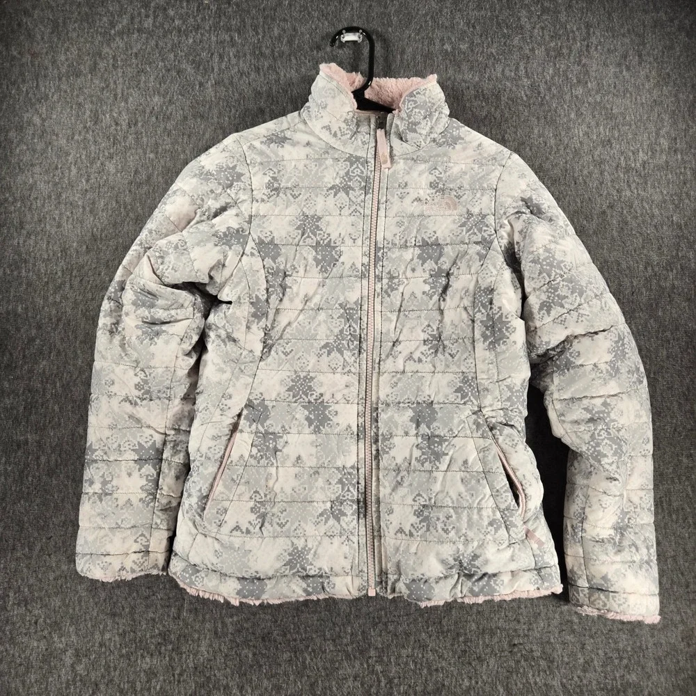 The North Face‎ Girls Reversible Mossbud Swirl Jacket L 14/16 Pink Gray Digital